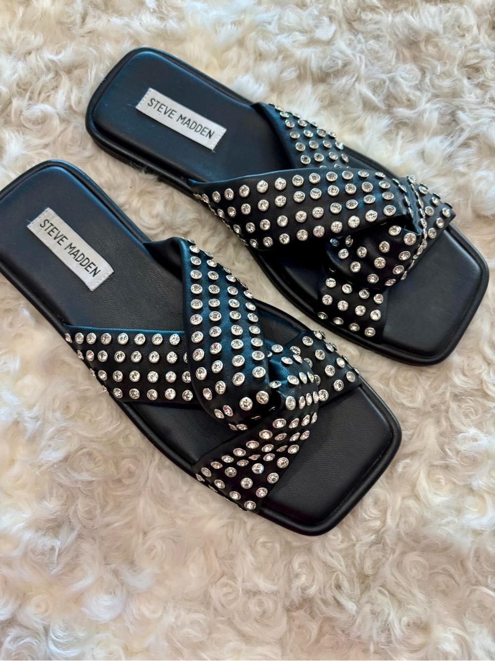 Steve Madden Black Crystal-Stud Knot Slide Mules - Picture 2 of 4